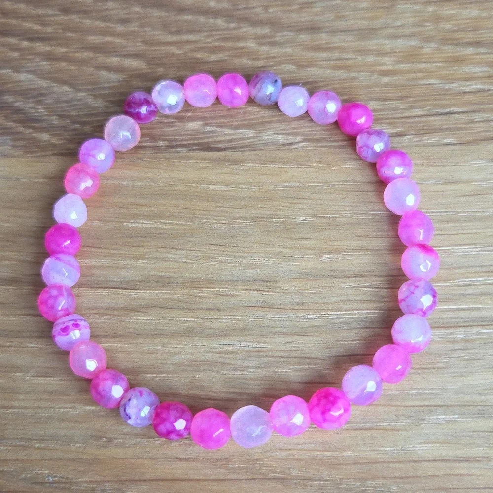 Pink Botswana Agate & Black Onyx Beads Bracelet Set, Stretch, Hand Crafted - Picture 4 of 9